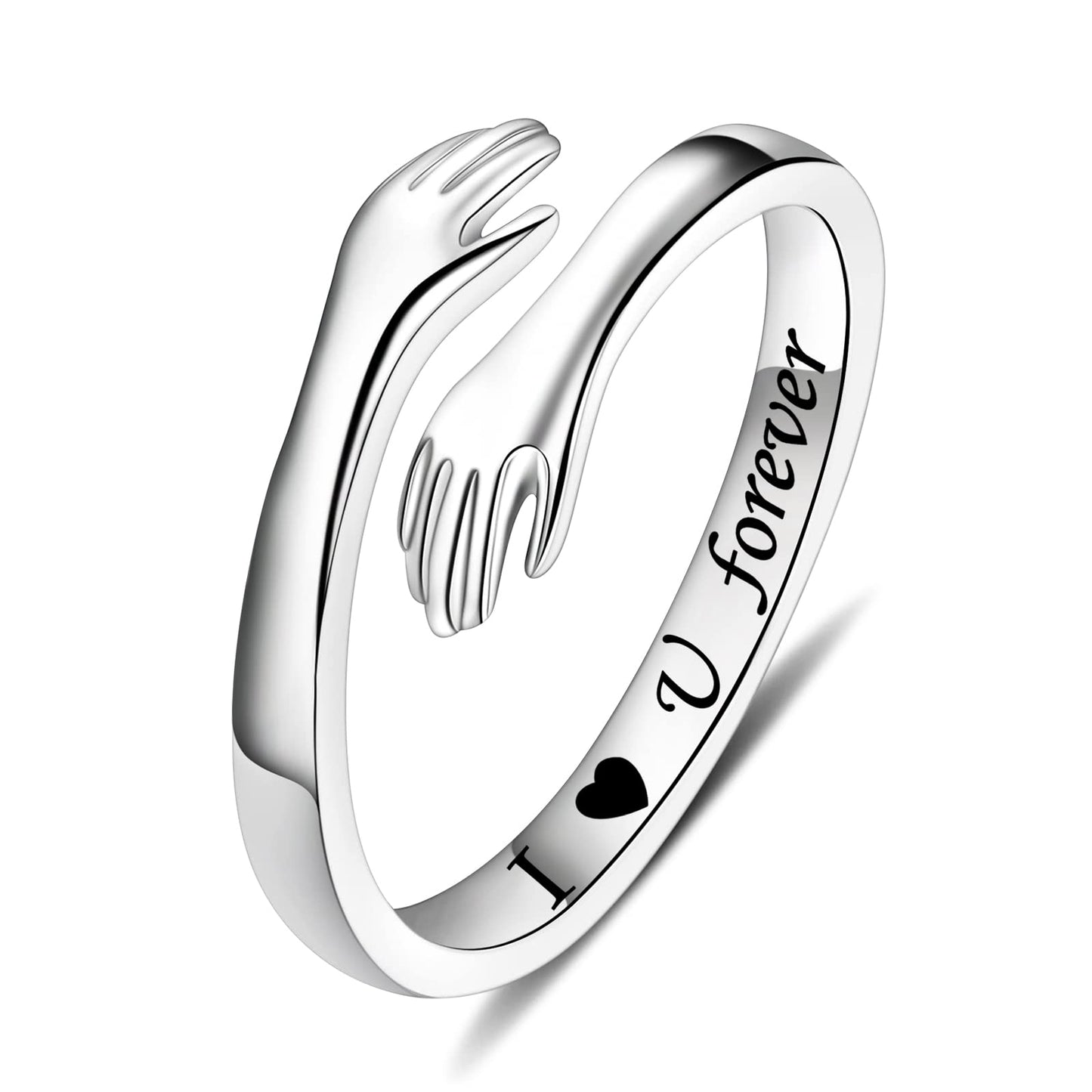 ACJFA Hug Rings for Women Sterling Silver Adjustable Ring for Women Daughter Hand Ring Jewelry for Birthday Gifts Holiday Gift for Teens (I U forever)