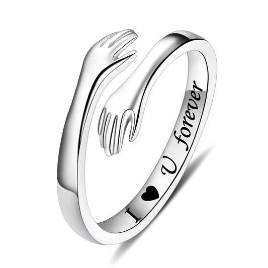 ACJFA Hug Rings for Women Sterling Silver Adjustable Ring for Women Daughter Hand Ring Jewelry for Birthday Gifts Holiday Gift for Teens (I U forever)