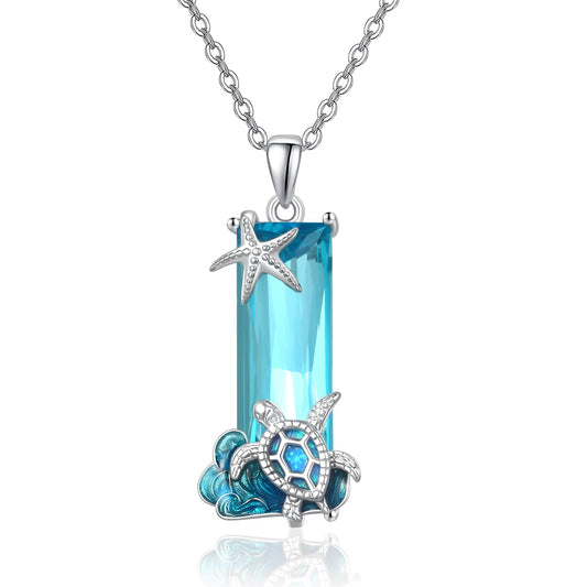 AENEAS Turtle Necklace for Women 925 Sterling Silver Blue Crystal Opal Starfish Ocean Jewelry Gift for Sea Animal Lover Women Wife Her