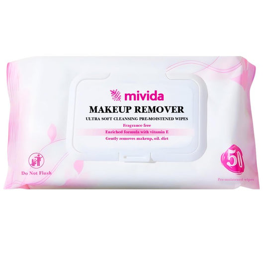 mivida Hypoallergenic Makeup Remover Wipes With Vitamin E, Dermatologist Tested Daily Cleansing Facial Towelettes, For Sensitive Skin, 50 Count, Alcohol Free, Fragrance Free Makeup Wipes