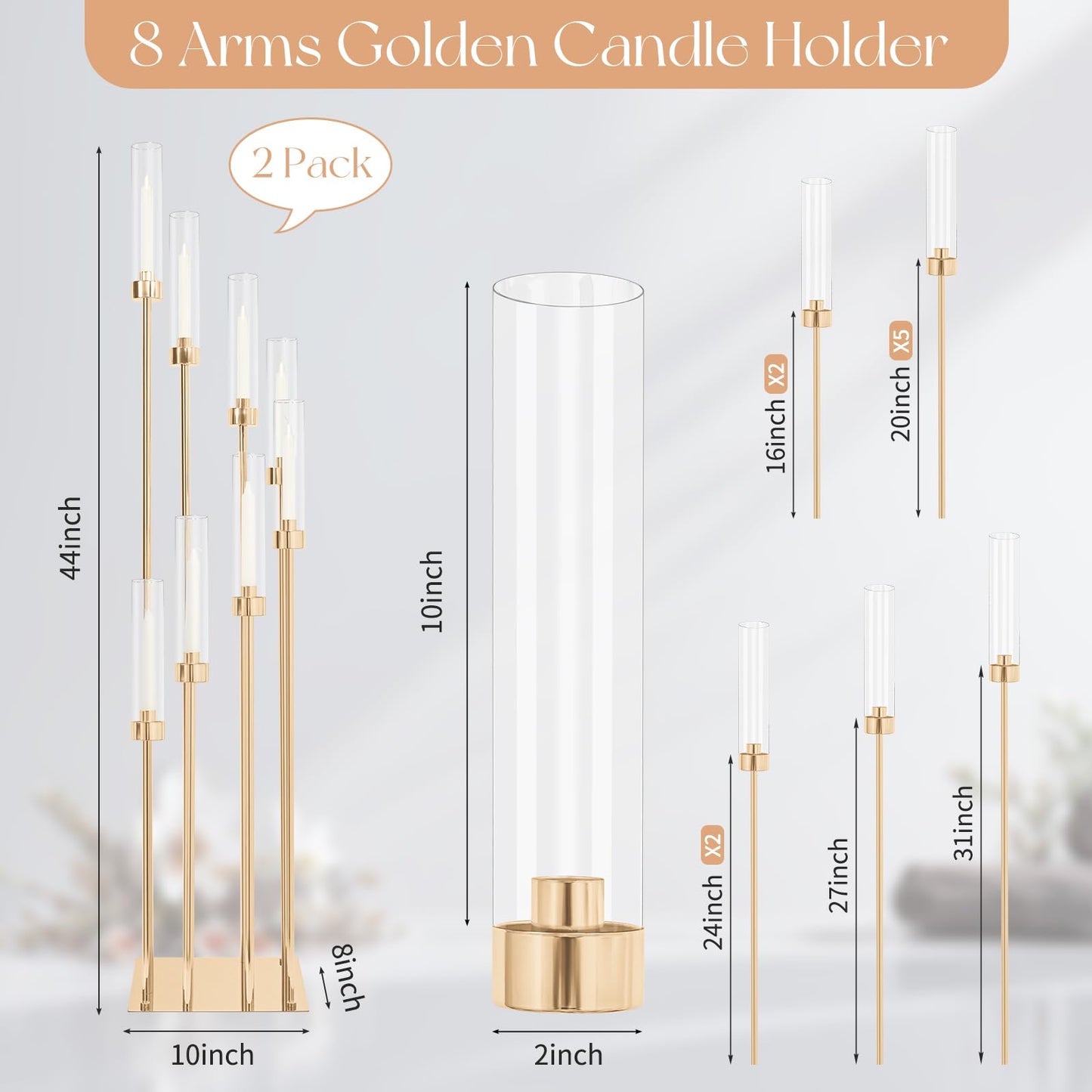 2 Sets Gold Candelabra,8 Arm Candlestick Holders with Acrylic Shades, 44'' High Large Floor Candle Holders for Wedding Centerpieces Table Decorations Fit 0.9" Candles and LED Taper Candles"
