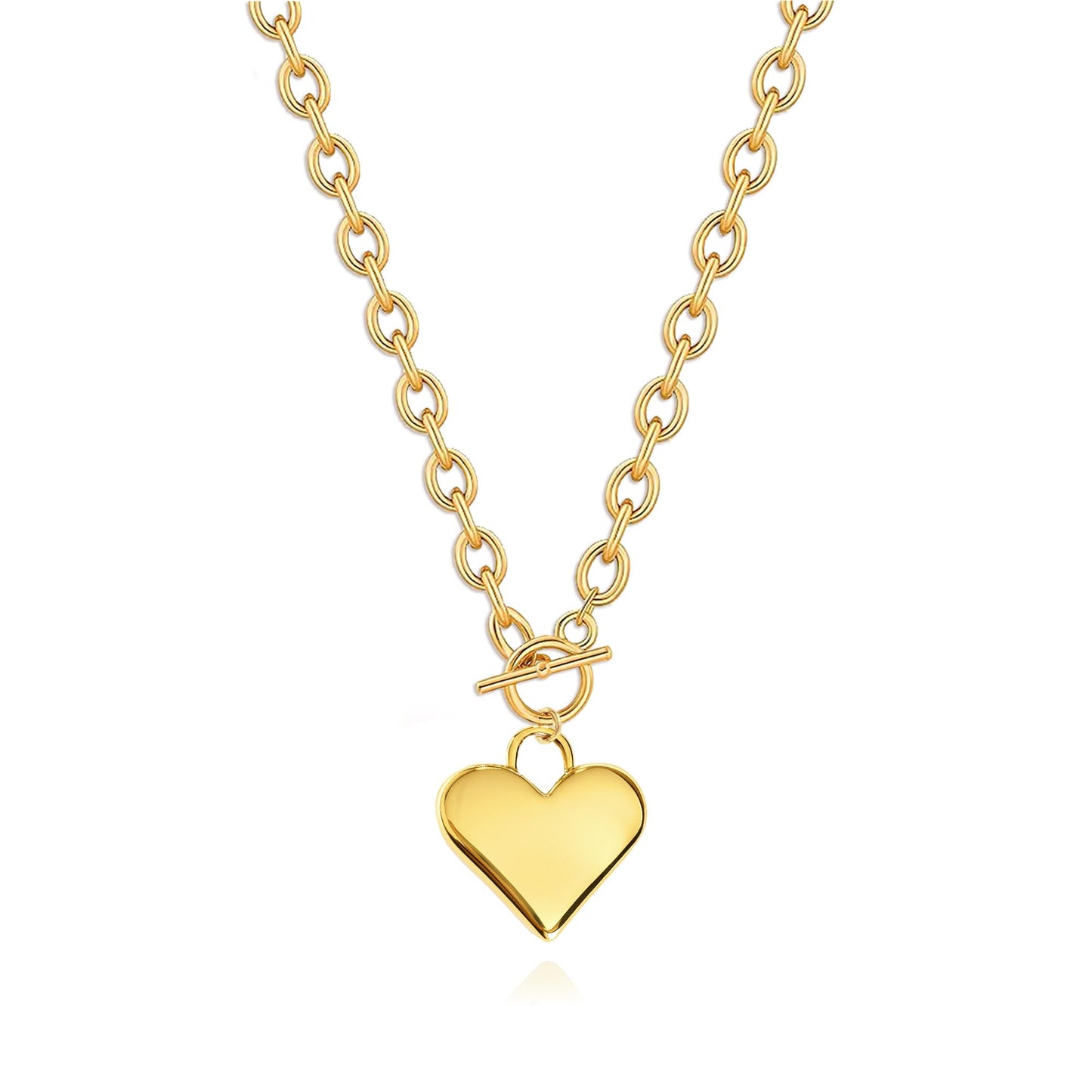 Zeffy Chunky Heart Necklace for Women Statement Heart Pendant Necklace 14K Gold Chunky Thick Chain Link Vintage Toggle Clasp Jewelry Gifts