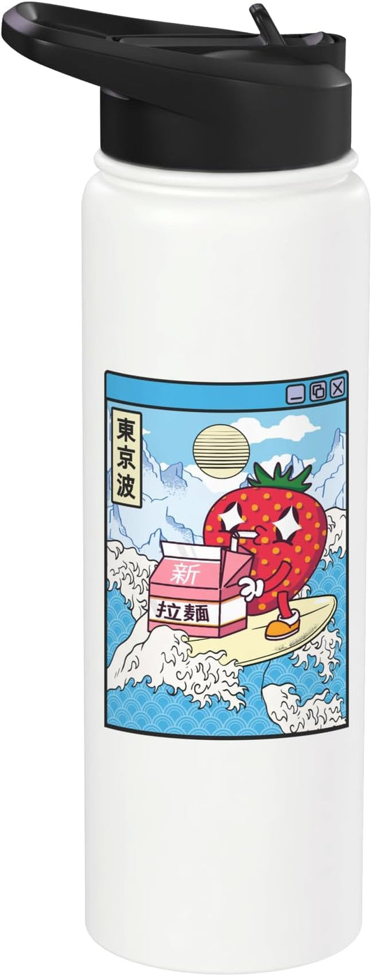 Strawberry Milk Carton Great Waves Kawaii Aesthetic Stainless Steel Insulated Water Bottle