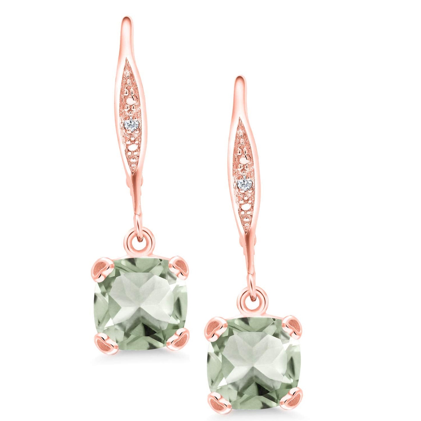 Gem Stone King Drop Dangle Earrings For Women | 7MM Cushion Cut Gemstone Birthstone and Diamond | 925 Sterling Silver | Jewelry Gift for Mom Wife Her | Prasiolite | Rose Gold