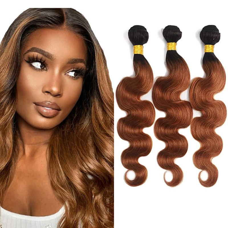 Ombre Body Wave Human Hair Bundles - Two Tone Black & Highlight Brown | 3 Bundles 8-10-12 Inch