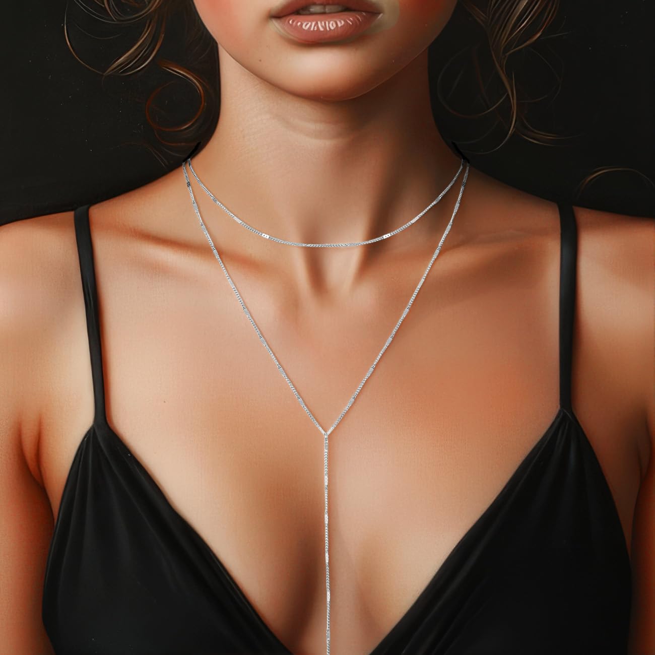 Yowivon Silver Necklace for Women, Dainty Long Necklace Silver Plated Y-Shaped Layered Pendant Beaded Chain Drop Necklaces Trendy Simple Gold Jewelry for Women Set Gifts