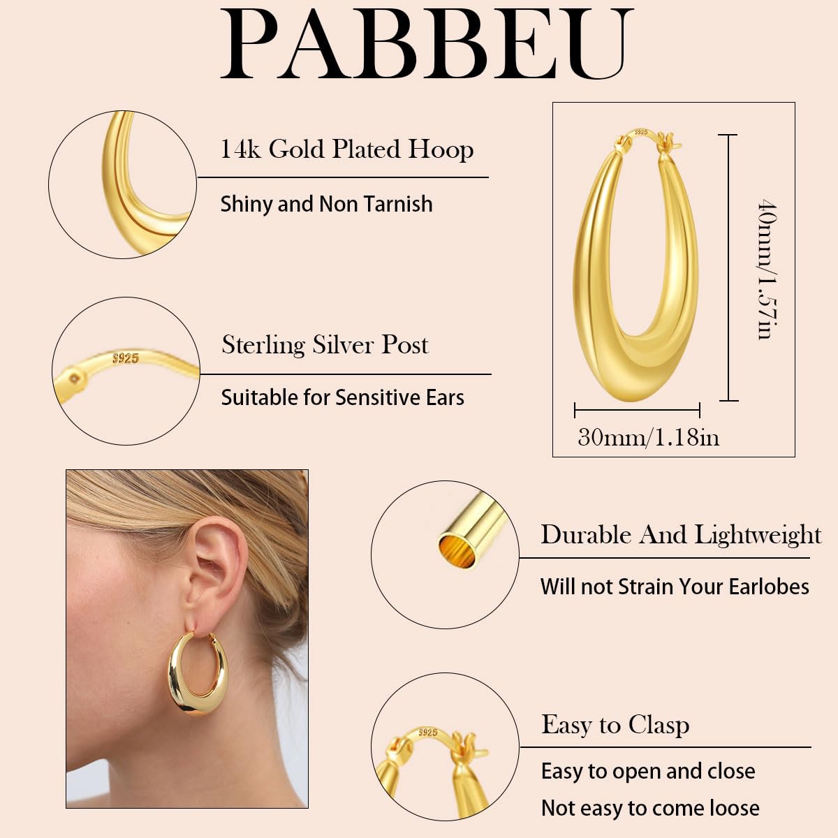 PABBEU Chunky Gold Hoop Earrings for Women, Lightweight 14k Golden Plated Hoops Earrings, Hypoallergenic 925 Oval Golds Hoops Earrings, Thick Gold Hoop Earrings for Women Gifts (40mm)
