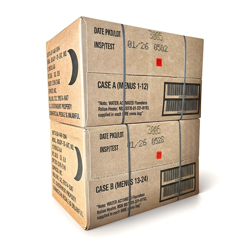 2026 MRE 24 Meals Ready to Eat A and B Cases Genuine Military Emergency Long Shelf Life Variety Pack for Camping, Outdoors & Prepping