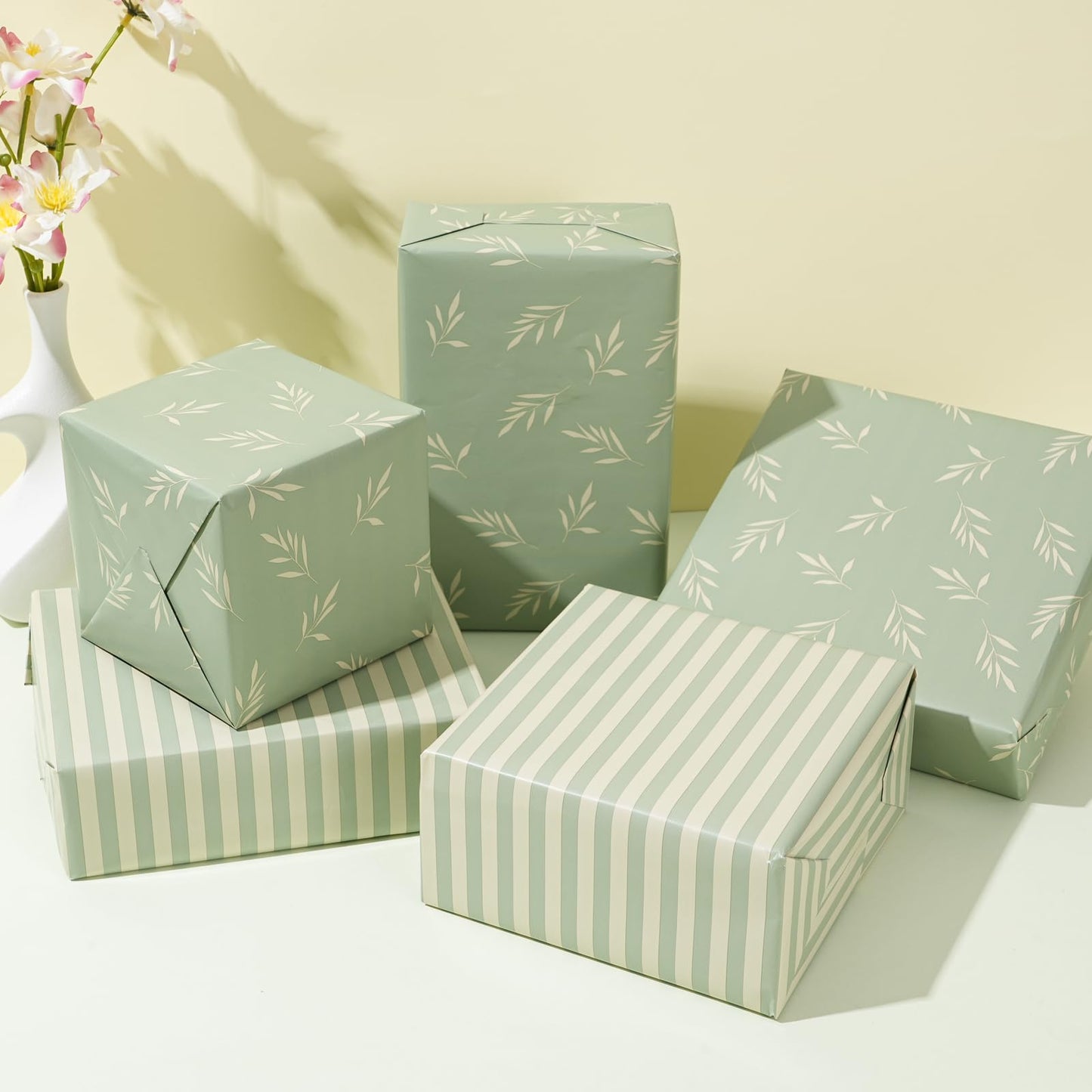 ZINTBIAL Reversible Gift Wrapping Paper Roll - Light Green Background with Beige Leaves - Green Stripe Design - for Birthdays,Weddings,Baby Showers,Mother's Day,Christmas - 17.5" x 33' (48 sq. ft.)