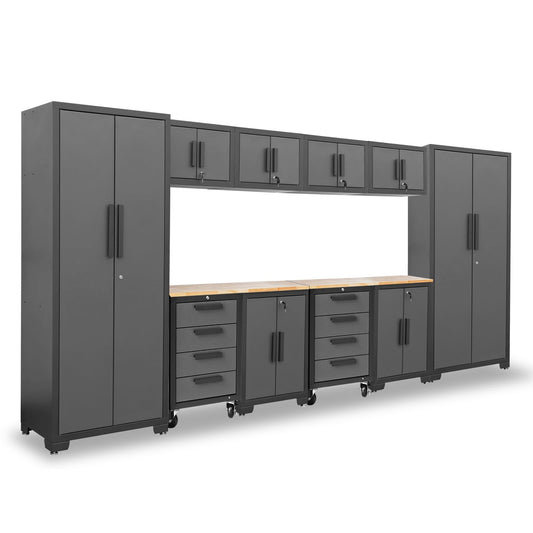 Torin 12 Piece Garage Storage Cabinet Set: Workshop Tool Organizer Chest with Lockers, Shelves and Wood Workbench, Black/Grey