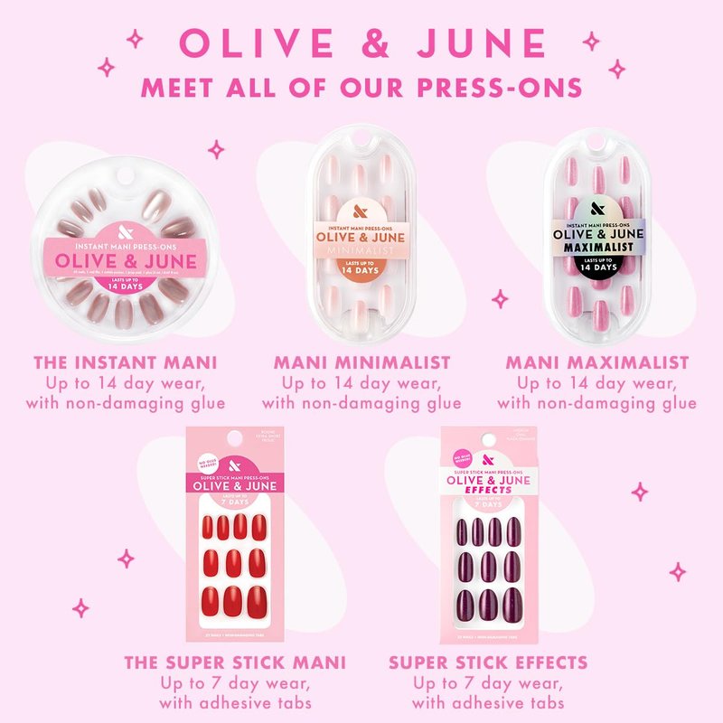 Olive & June Instant Mani Press-On Nails (Glue) | 42 Fake Nails, 21 Sizes | Non-Toxic, Long-Lasting Recycled Materials Realistic Look | Salon-Quality at Home | Extra Short, Round | Strawberry Scone