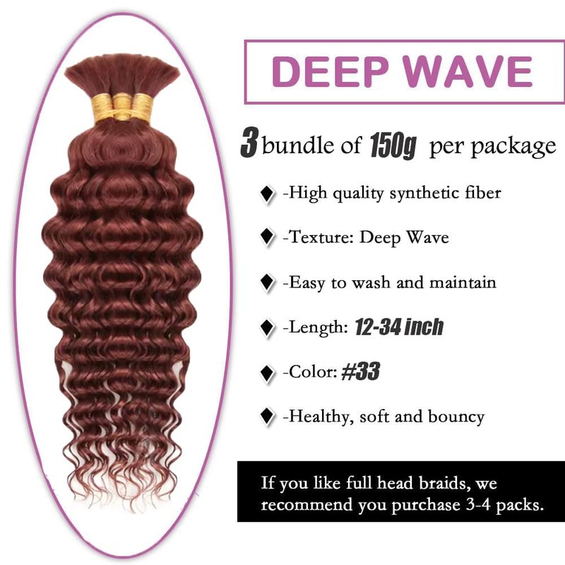 Brown Human Braiding Hair Deep Curly Reddish Brown Human Braiding Hair 14 14 14 Inch Deep Wave Bulk #33 Boho Braiding Hair Extensions