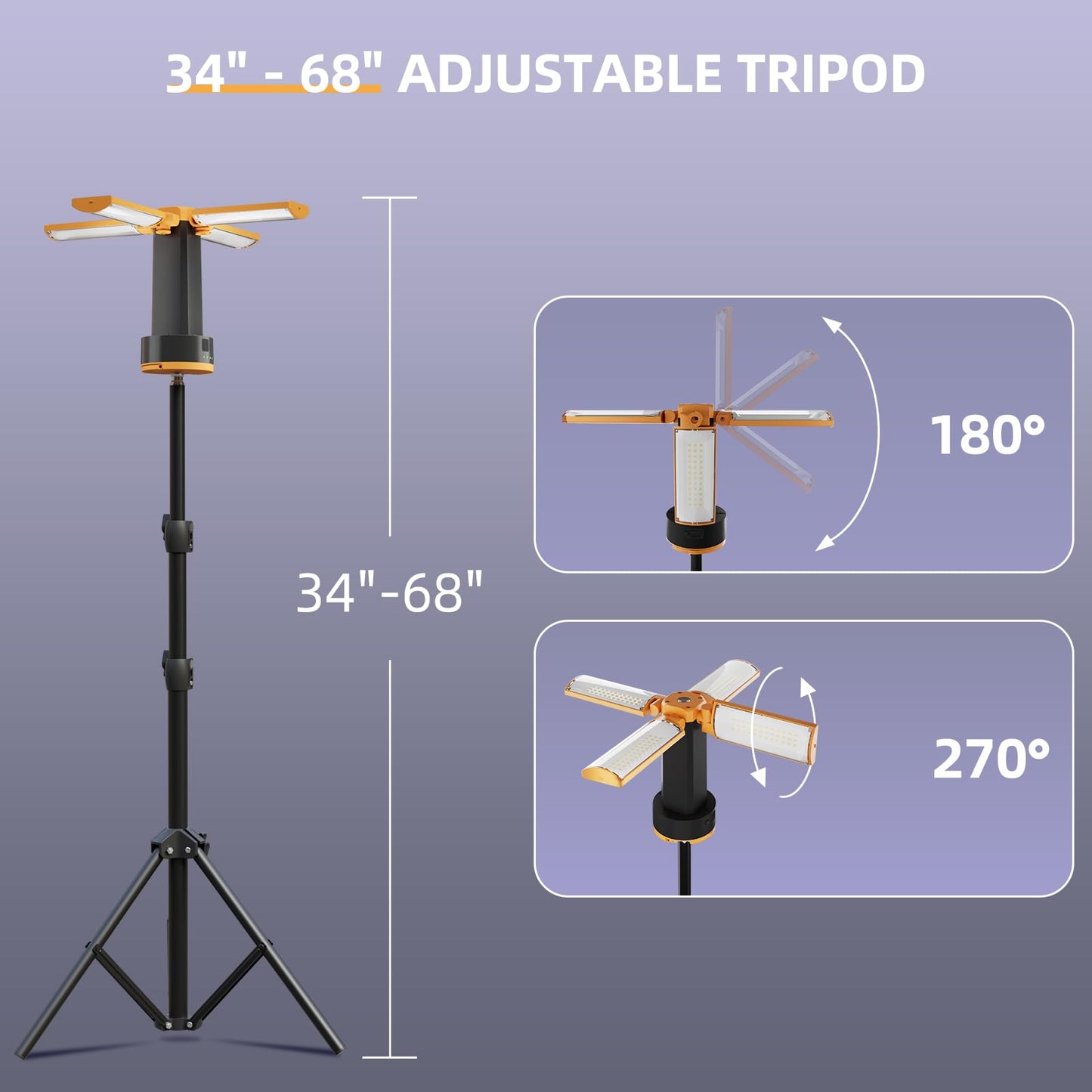 T-SUN Rechargeable Camping Light with Stand, 4 LED Lamp Heads for Wider, Fuller Coverage, 4100LM Tripod Work Light with Magnetic Base, Hook & USB-C, for Jobsite, Emergency, Camping (Orange)