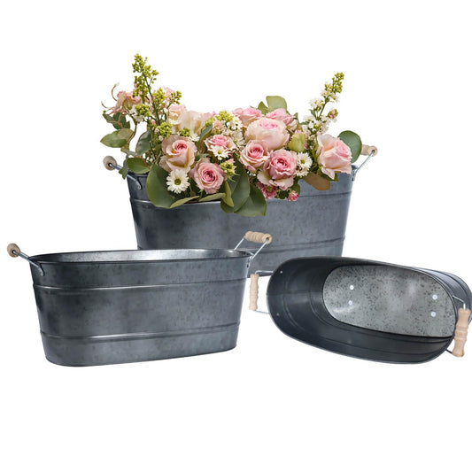 15 Inch Galvanized Planters for Outdoor Plants - 3 Pcs Rustic Large Metal Flower Buckets with Drainage & Plug, Farmhouse Style Oval Containers with Handles, Great for Home Decor, Galvanized Black