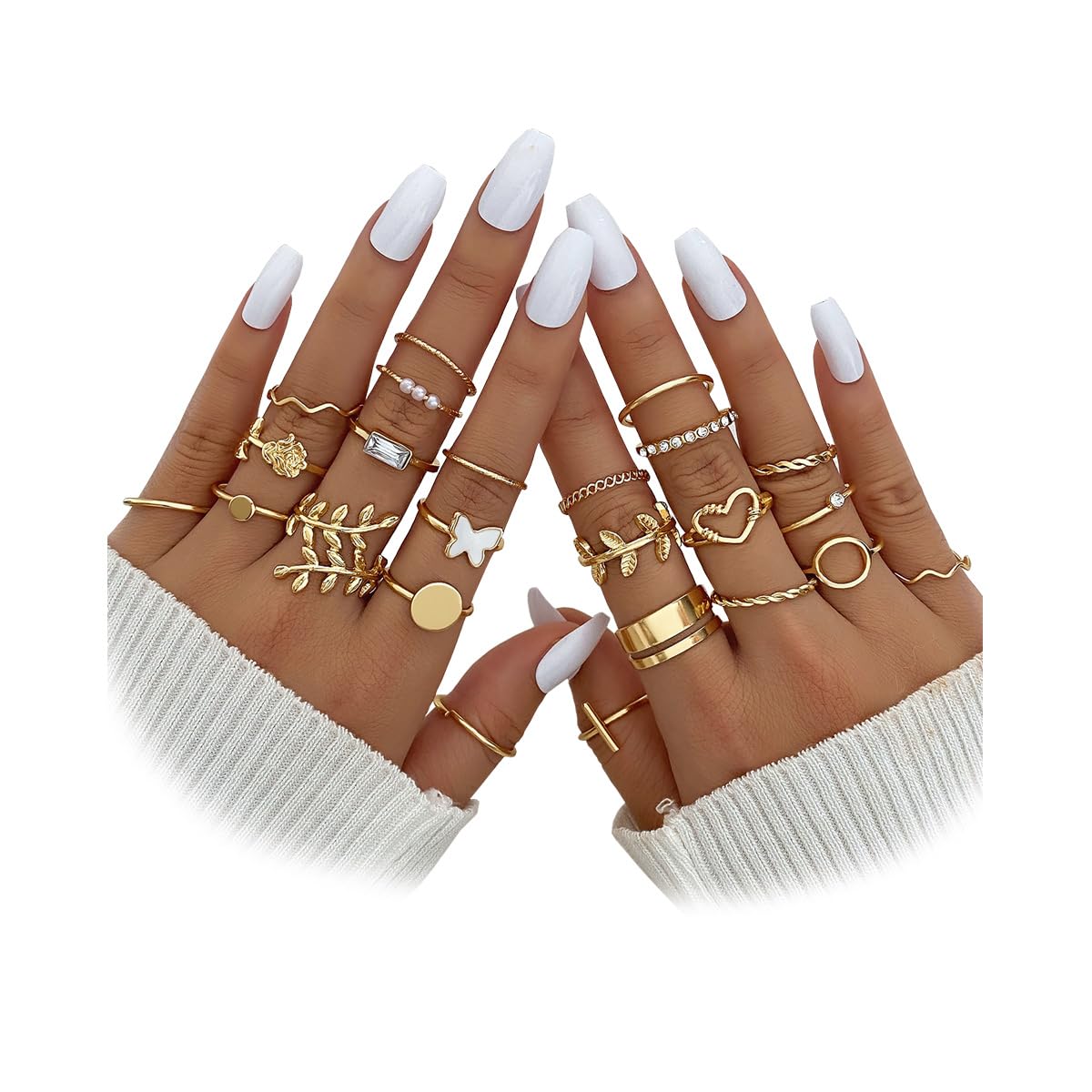 IFKM 24 Pcs Gold Knuckle Rings Set For Women Vintage Stackable Joint Finger Midi Rings Dainty Cubic Zirconia Crystal Simple Twist Hollow Cute Rings Pack Jewelry Gift (Love of Leaves, Gold)