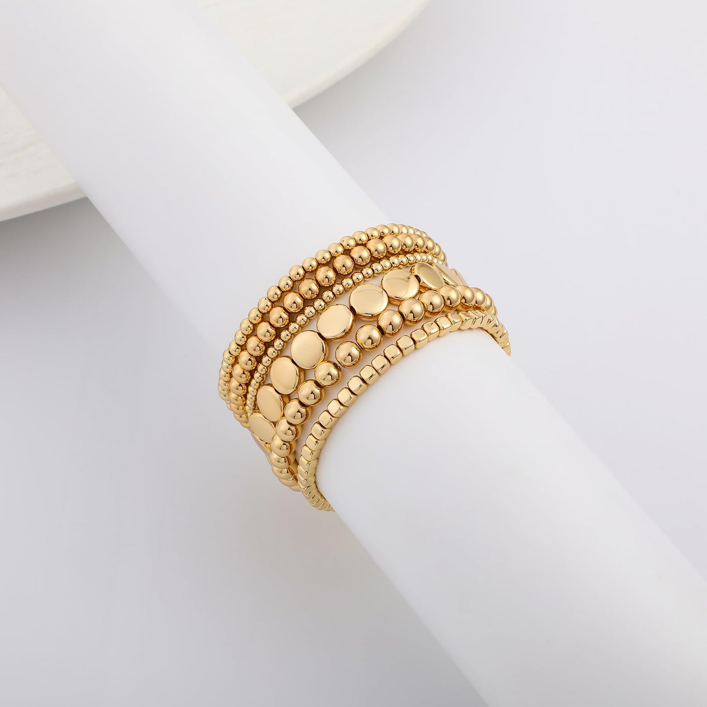 Sajidos Gold Plated Beaded Bracelets for Women Trendy, 14K Gold Plated Stack Cross Pearl Gold Plated Bead Stretch Bracelets Set Elastic Hypoallergenic Bracelets Jewelry Gifts (style12-1)