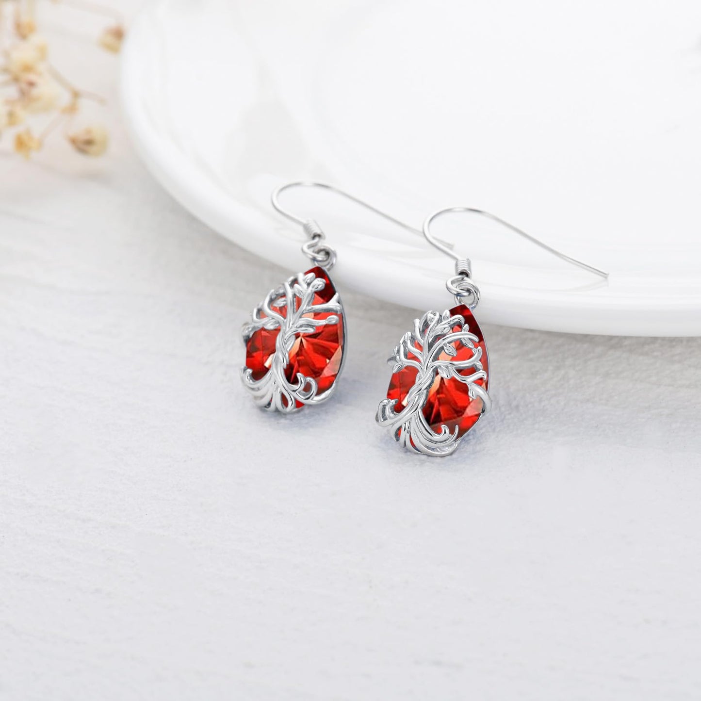 TOUPOP Ruby July Birthstone Earrings Sterling Silver Teardrop Tree of Life Earrings Family Tree Ruby Jewelry Birthday Mothers Day Gifts for Women Mom Her
