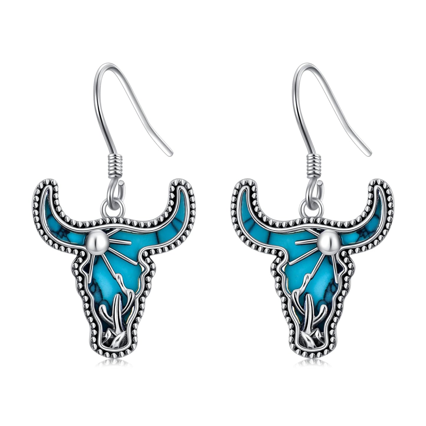 KoyeKei Western Cow Skull Earrings for Cowgirl Cowboy 925 Sterling Silver Longhorn Cow Skull Cactus Turquoise Dangle Drop Earrings Country Jewelry Bohemian Gifts for Women