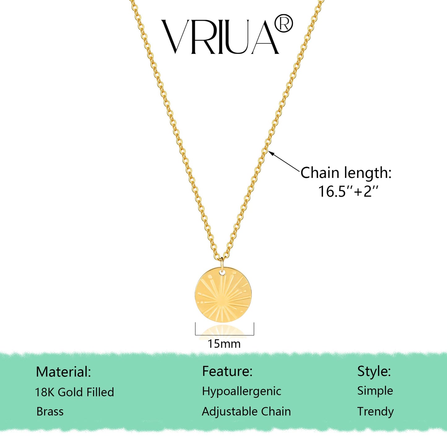 VRIUA Sun Necklace for Women 14k Gold Plated Dainty Disc Sun Pendant Gold Coin Necklace Minimalist Simple Jewelry