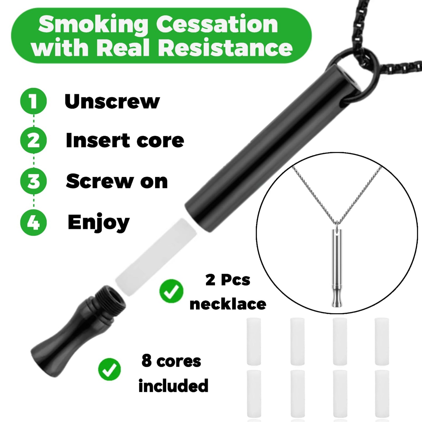 LAMKHOO 2 Pcs Breathing Necklace to Quit Smoking and Vaping - Refillable Essential Oil Diffuser, Fidget Necklace for Anxiety Relief, Smokeless Inhaler with 8 Cotton Pods