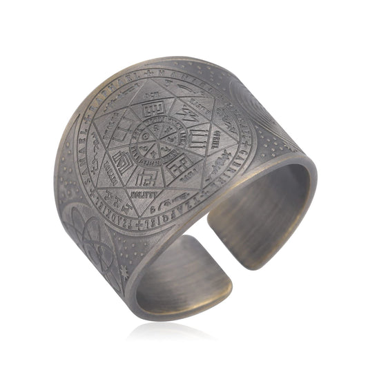 Amaxer Seven Archangels Ring for Men Copper The Seal Of Solomon Tetragrammaton Archangels Protection Ring Statement Band for Men Women (19mm-brown)