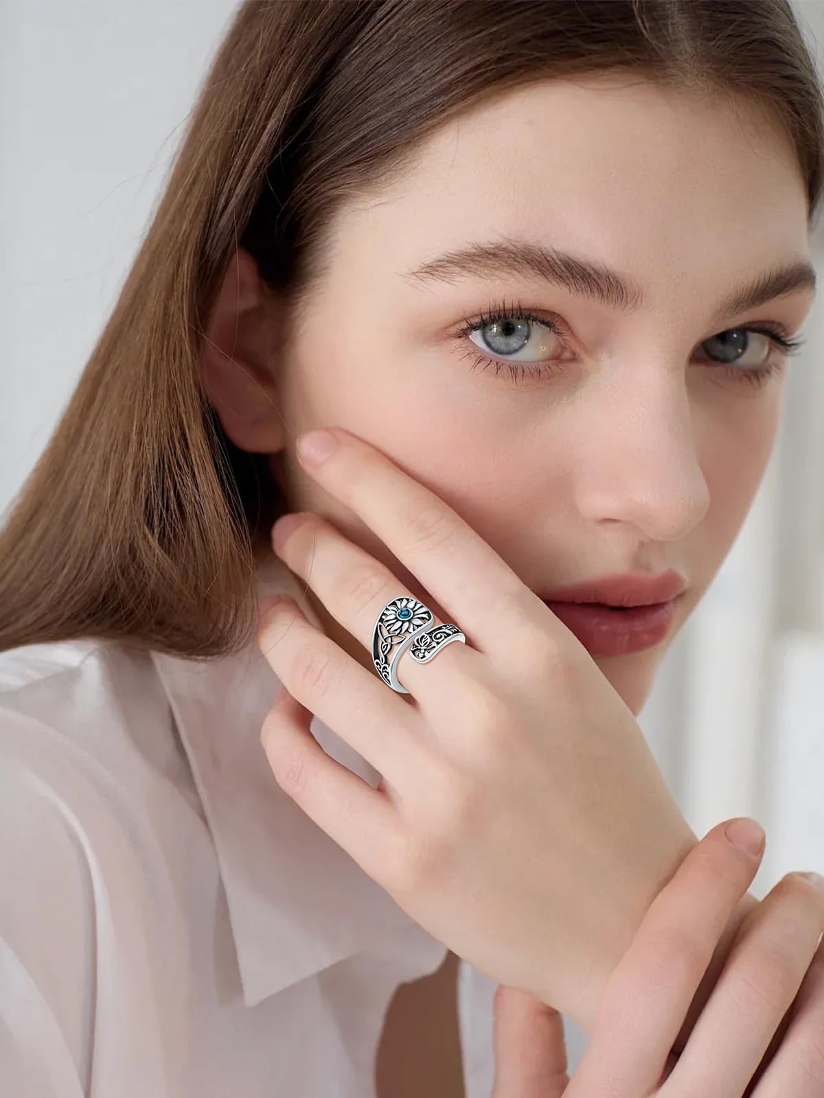 Midari Sunflower Spoon Rings for Women Sterling Silver Sunflower Turquoise Adjustable Flower Rings Spoon Jewelry for Women Christmas Birthday Gifts(Customization)