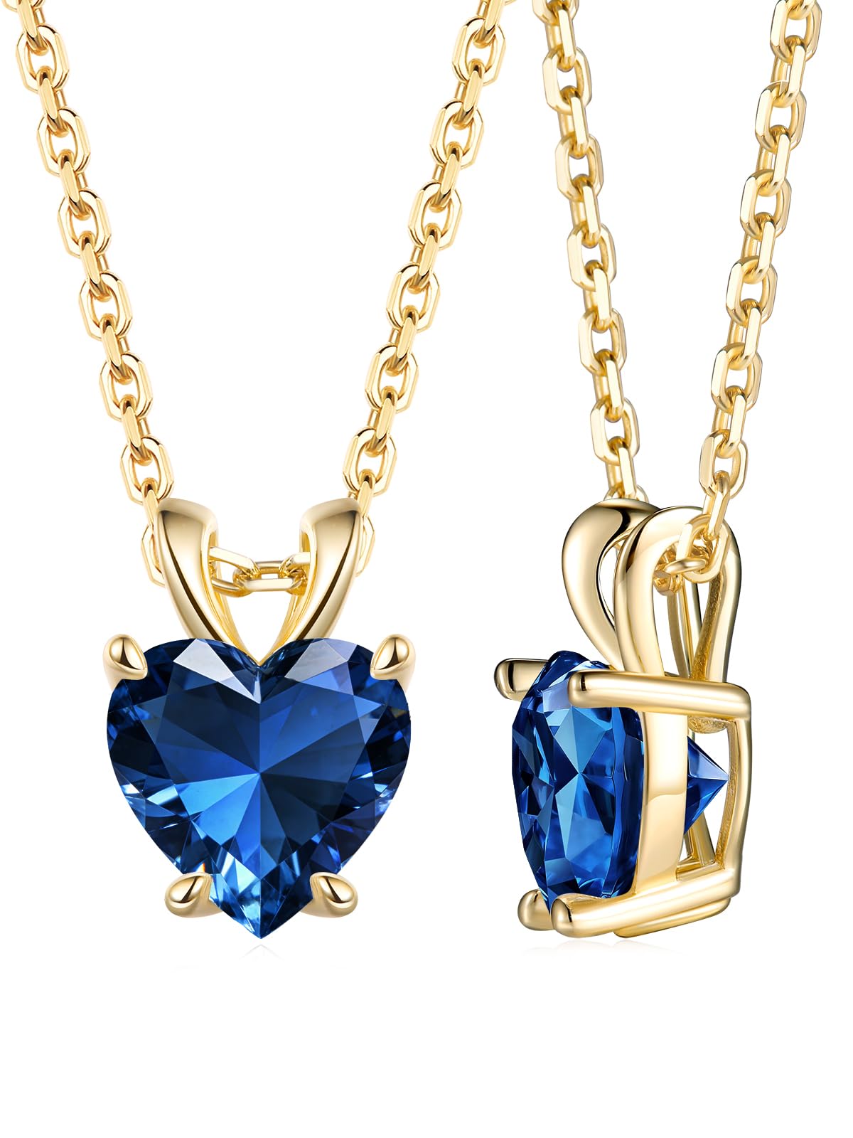 CYW 1 Carat Blue Sapphire Small Gold Heart Necklace for Women 925 Sterling Silver Solitaire Pendant Necklace