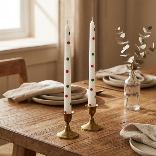 2 Pack Taper Candles, 10 Inch Unscented Candlesticks with Green Stripe Design for Holiday Table Centerpiece, Fireplace Mantel, Winter Weddings, Advent Wreaths, Seasonal Home Decor