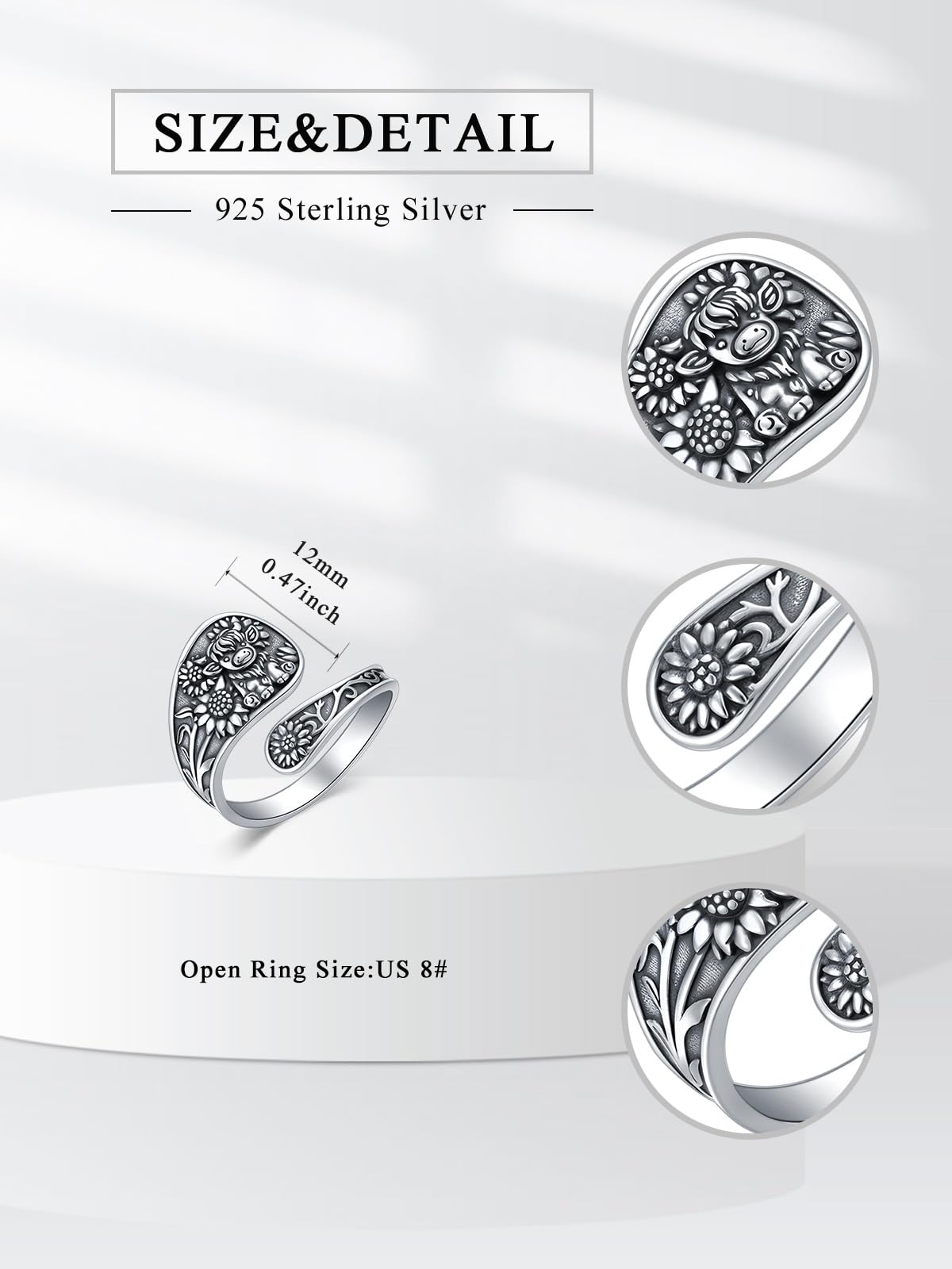 Midari Spoon Rings for Women 925 Sterling Silver Sunflower Highland Cow Rings Adjustable Vintage Finger Thumb Rings Highland Cow Jewelry for Women Daughter Birthday Christmas Gifts