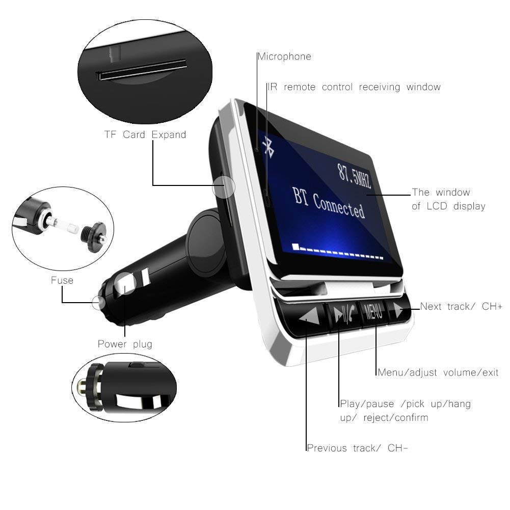 Bluetooth FM Transmitter for Car, Wireless Car Radio Adapter with 1.4" Color Screen for Hands Free Calls Support USB Charger Siri Google Assistant Aux