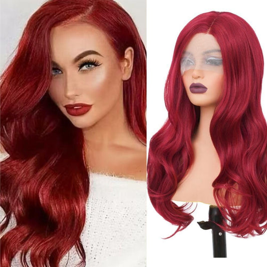 Salaibs Red Lace Front Wig Long Curly Wavy Wig for Women Side Part Natural Hairline Synthetic Heat Resistant Hair Wigs Cosplay Halloween Costume Wig