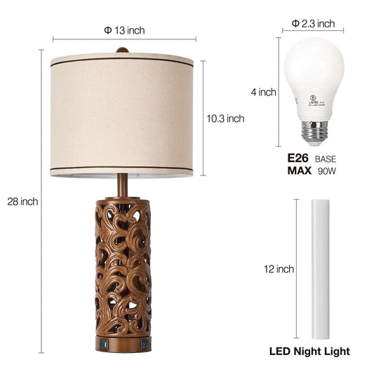 AIDENOEY Set of 2 Farmhouse Table Lamps with 2 USB Charging Ports, Vintage Carved Bedside Lamps with Smart Dimmable Bulbs, Rustic Nightstand Lamps for Bedroom Living Room Home Decor