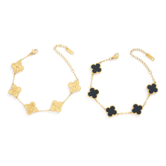 Acicihenn Waterproof Four-Leaf Clover Bracelet,Adjustable Link Double Sided Jewelry, Lovely Fashion Jewelry Gift for Women Gold Bracelet +Black Bracelet