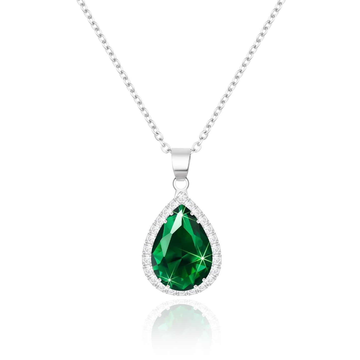 Linawe Emerald Green Crystal Silver Necklace for Women Trendy, Imitation Diamond Pendant Chain Necklace, Cubic Zirconia Birthstone Rhinestone Teardrop Boho Jewelry Set