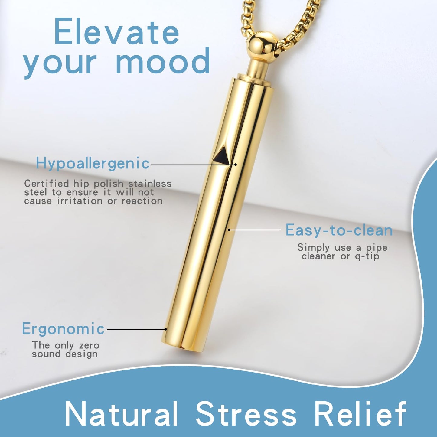 Anxiety Breathe Easy Necklace Mindfulness Breathing Necklace Breathlace Stainless Steel Pendant for Natural Calm & Stress Relief (Gold T)