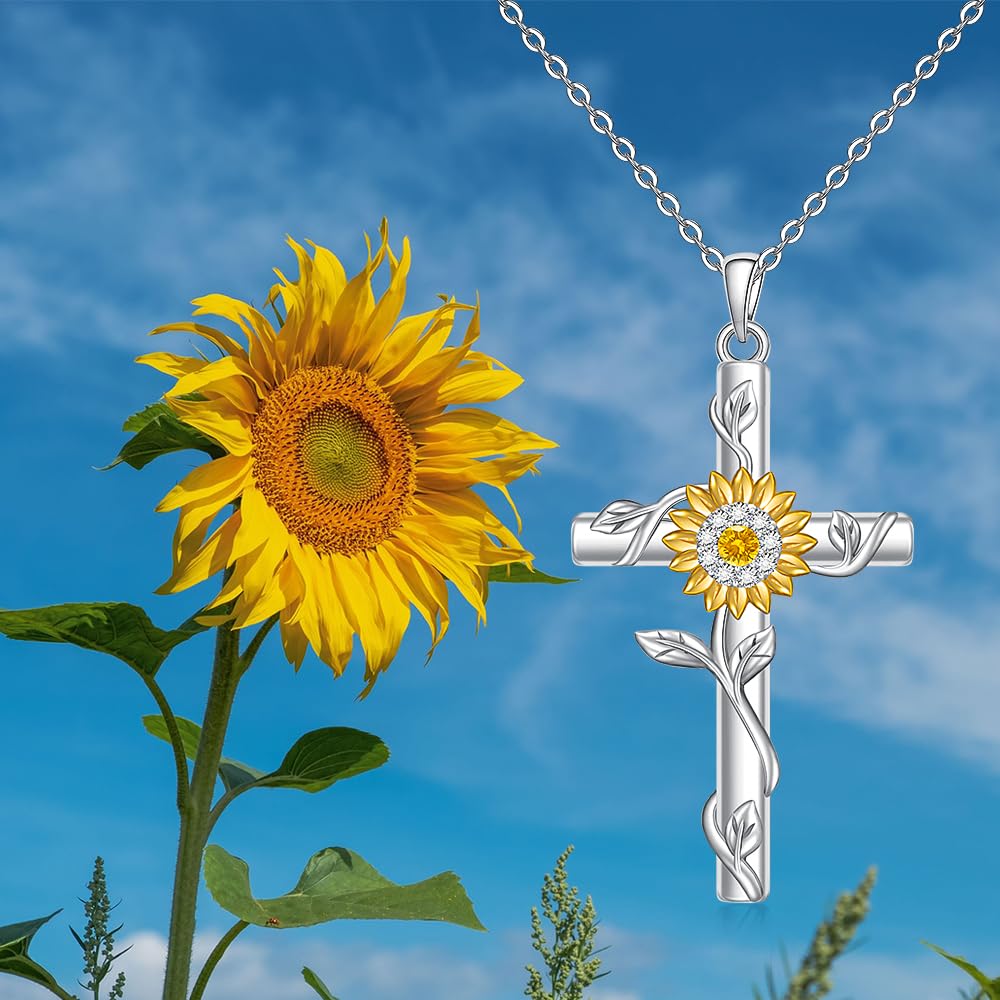 Fenthring 18k Gold Plated Sunflower Necklaces for Women, Sunflower Cross Necklace 925 Sterling Silver Sunshine Pendant Mom Jewelry Christmas Gifts for Women