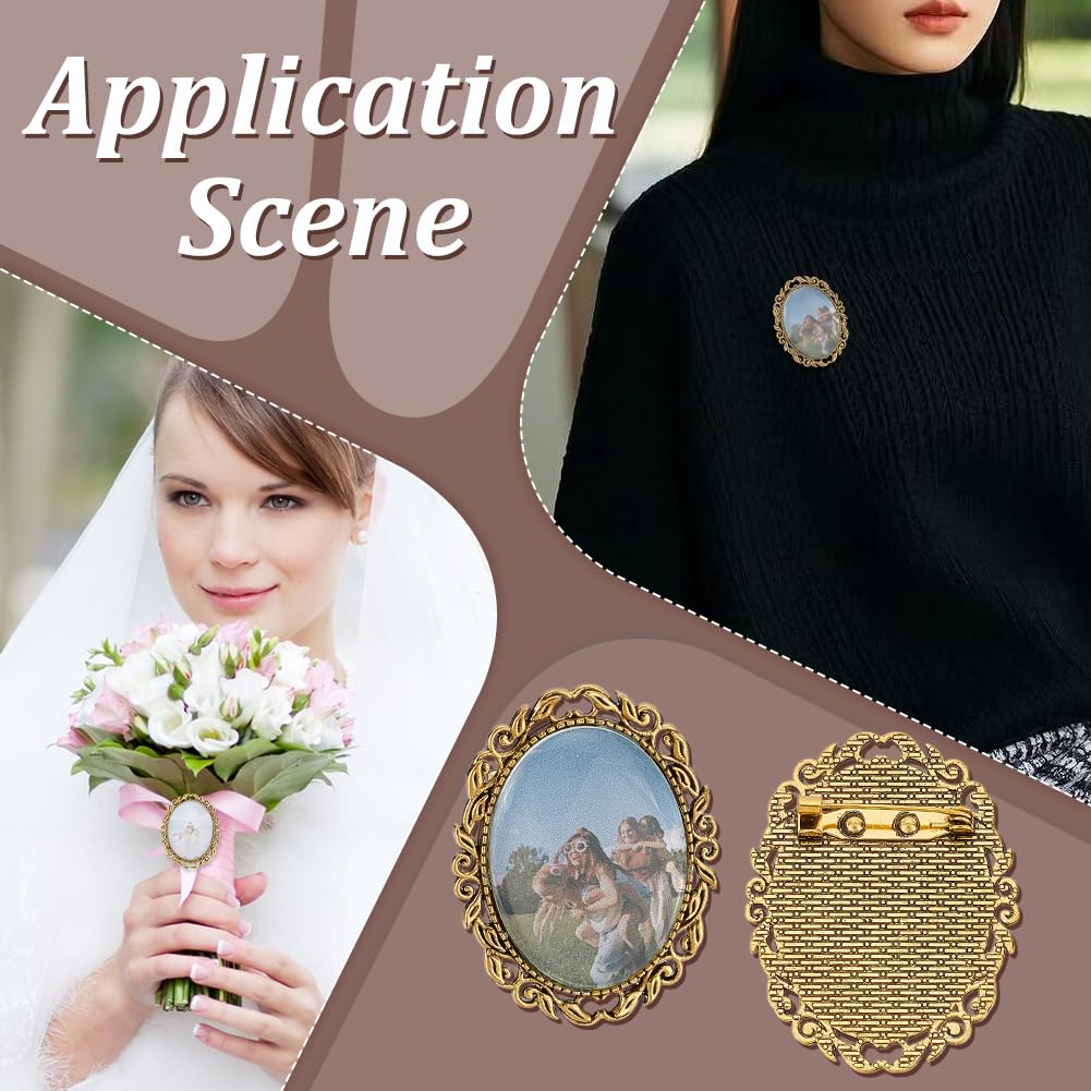 PH PandaHall 10 Sets Brooch Cabochon Making Kit, 40x30mm Vintage Oval Brooch Bezel Blank Memorial Photo Pins with Clear Glass Cabochons for Jewelry Making Wedding Graduation Party, Antique Golden