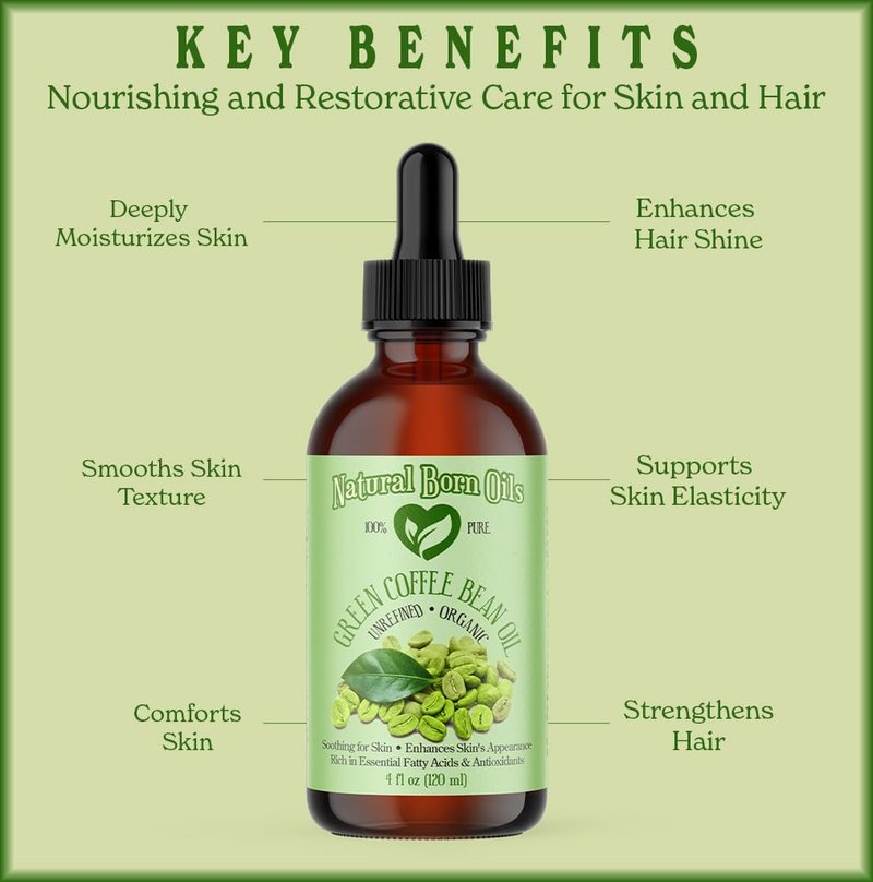 Natural Born Oils Green Coffee Bean Oil, 4oz, Organic, Cold-Pressed, Rich in Antioxidants, Perfect for Skin Firming, Hair Strengthening