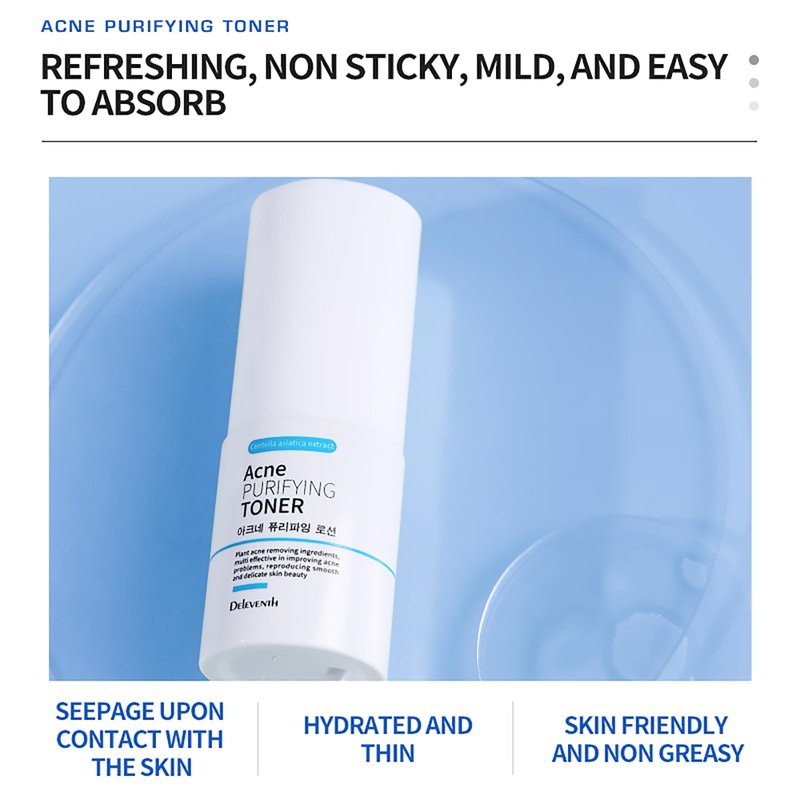 DEleventh Korean Brand Acne Purifying Toner 30ml / with Salicylic Acid and Botanical Extracts for Anti-Acne, Soothes, Unclogs Pores, Controls Oil and Maintain a Fresh, Blemish-Free Complexion