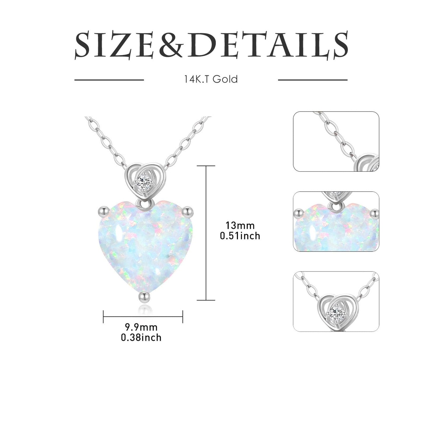 NFYBD 14k White Gold Love Heart Opal Birthstone Pendant Necklace for Women 3 Carat Heart-cut Created Gemstone Anniversary Birthday Mother's Day Necklaces for Her-October