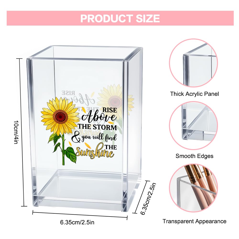 Vgrti Rise Above The Storm and You Will find The Sunshine Acrylic Cosmetic Pencil Pen Holder Cup, Positive Sunflower Desk Organizer Accessories for Home Office Decor, Motivational Gifts for Women Girl