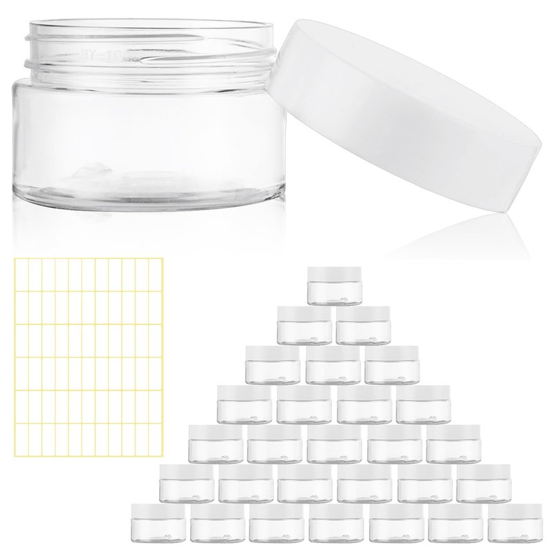 Acrux7 60 Pack 1oz Plastic Jars Round Clear Cosmetic Container Jars with White Lids, Refillable Empty Plastic Slime Jars for Lotion, Cream, Ointments, Makeup, Eye Shadow, Samples