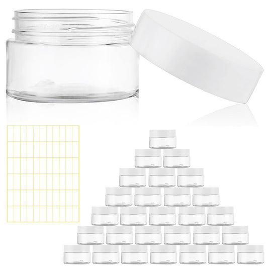Acrux7 60 Pack 1oz Plastic Jars Round Clear Cosmetic Container Jars with White Lids, Refillable Empty Plastic Slime Jars for Lotion, Cream, Ointments, Makeup, Eye Shadow, Samples
