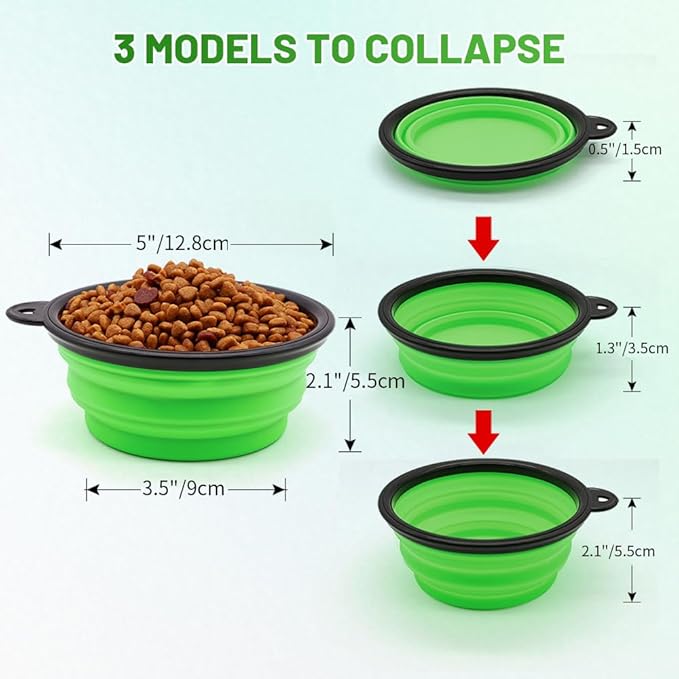 Dog Bowl Pet Collapsible Bowls, 2 Pack for Cats Dogs, Portable Pet Feeding Watering Dish for Walking Parking Traveling with 2 Carabiners (Small, Blue+Green)