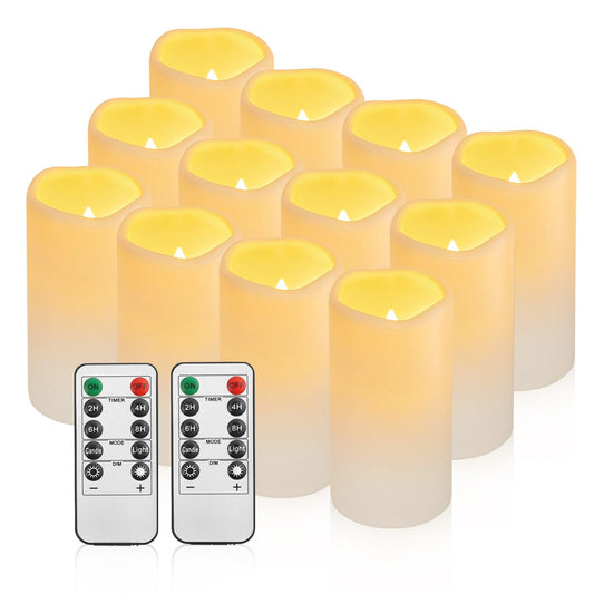 12PACK Waterproof Flameless Candles with Remote Control Candle, Battery Operated Flickering LED Pillar Candle Plastic,Large Size(D3 x H5.5) for Outdoor/Indoor Decoration Wedding, Party, Birthday