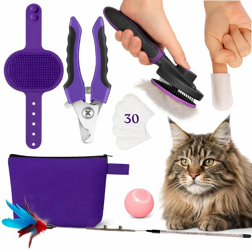 Cat Care Grooming Kit 6 in 1, Include: Nail Clipper, Brush for Shedding, Wand Toy, Interactive Ball Toy, Bath Brush, Ear Cleaner Finger Wipes (30ct.), Cat Grooming Supplies