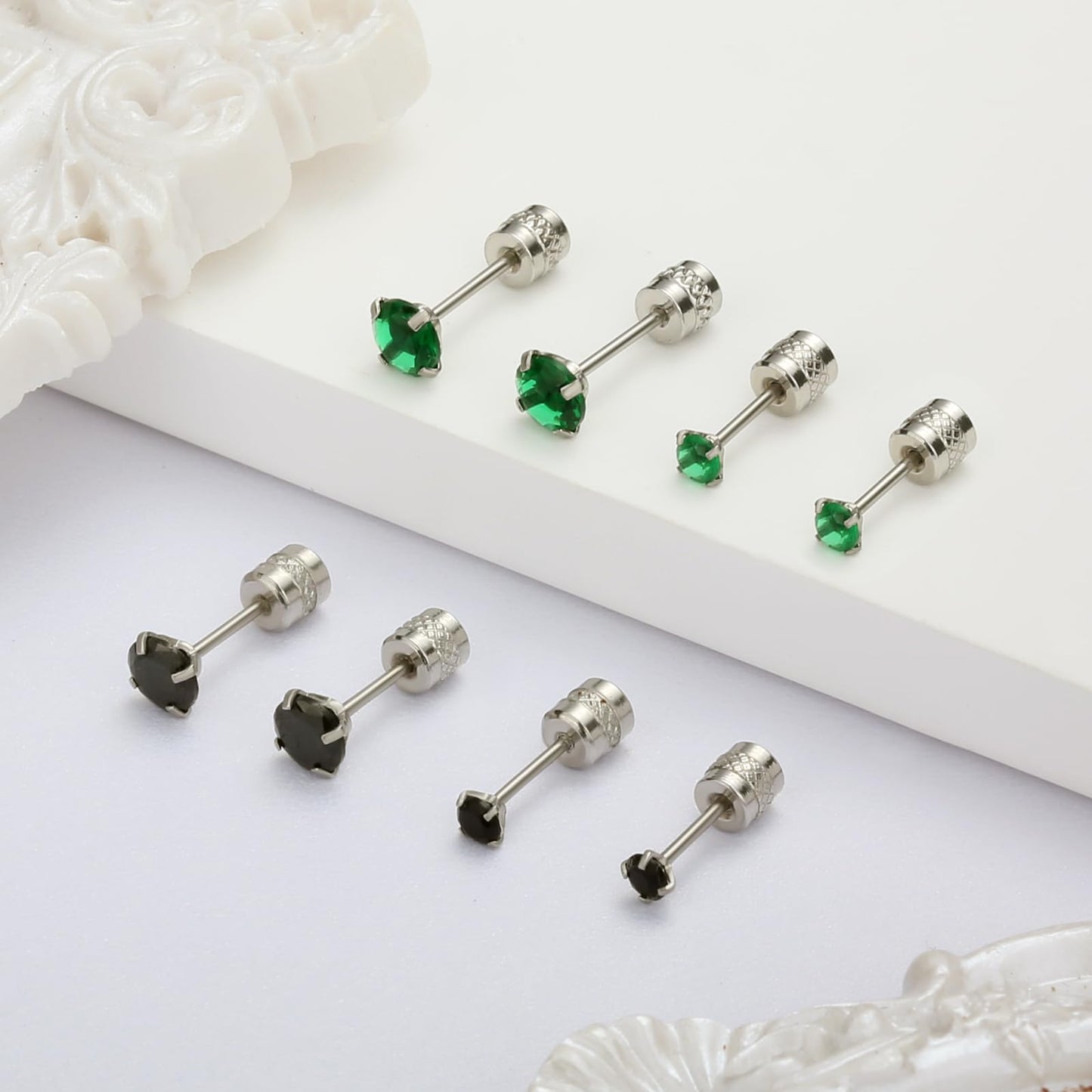 2 Pairs Flat Back Stud Earrings for Women, Nap Earrings as Black Stud Earrings for Women, Hypoallergenic Earrings for Sensitive Ears as Birthday Gifts for Her (3+5mm, Black)
