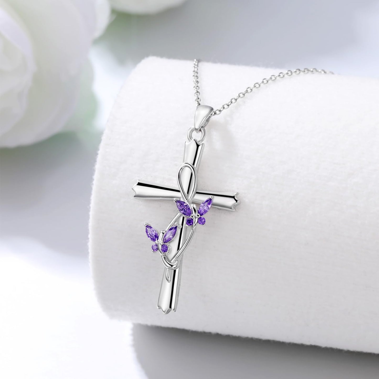 KoyeKei Butterfly Cross Necklace for Women 925 Sterling Silver Double Purple Butterfly Necklaces Christian Dainty Jewelry with Zircon Mothers Day Gifts for Mom Wife Lover
