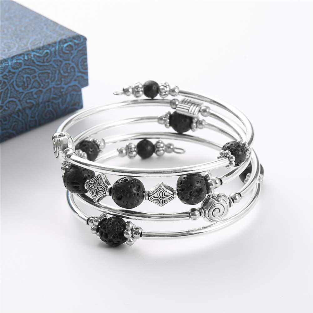 Beaded Pearl Bangle Wrap Bracelet - Fashion Bohemian Jewelry Multilayer Charm Bracelet with Thick Silver Metal Beads, Gift For Women(Lava Bracelet)