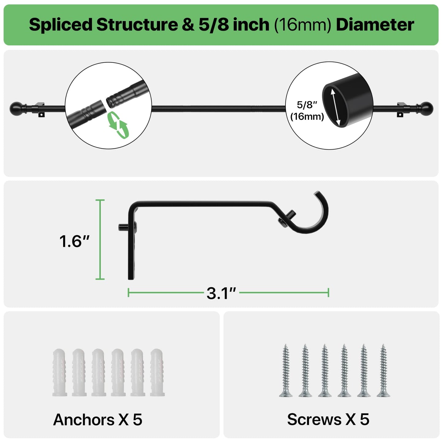 Curtain Rods for Windows 28 to 48 inch, 5/8 inch Black Curtain Rod Set with Brackets, Splicing Adjustable Metal Drapery Rod for Bedroom, Kitchen, Living Room, Matte Black